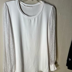 les amis white top with long mesh polka dot sleeves with cuffs